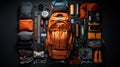 Orange backpack flat lay of various technologies with climbing equipment arranged on black background