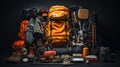 Orange backpack flat lay of various technologies with climbing equipment arranged on black background Royalty Free Stock Photo