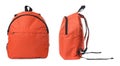 Orange backpack isolated on white, collage. Different sides Royalty Free Stock Photo