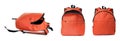 Orange backpack isolated on white, collage. Different sides Royalty Free Stock Photo