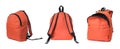 Orange backpack isolated on white, collage. Different sides Royalty Free Stock Photo