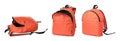 Orange backpack isolated on white, collage. Different sides Royalty Free Stock Photo
