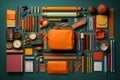 an orange backpack pencils pens pencils and other items arranged on a green surface