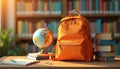 Orange backpack sits on desk with globe, books, ready for school. Study materials, educational tools, learning resources Royalty Free Stock Photo