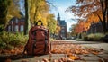 an orange backpack stands in a park among fallen yellow leaves