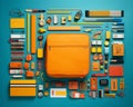 an orange backpack is surrounded by various office supplies