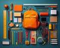 an orange backpack with various school supplies on a blue background