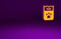 Orange Bag of food for dog icon isolated on purple background. Dog or cat paw print. Food for animals. Pet food package Royalty Free Stock Photo