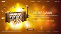 Orange banner with gold slot machine, dice and chips on blurred background. Online casino, web banner with interface elements Royalty Free Stock Photo