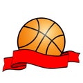 Orange basketball ball with red winner ribbon tape cartoon flat
