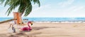 Orange beach chair under the palm tree with summer accessories