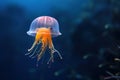 Orange bell jellyfish in dark ocean Royalty Free Stock Photo