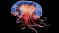 Orange bell jellyfish swimming in clear blue ocean waters with sun rays shining through Royalty Free Stock Photo