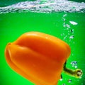Orange Bell Pepper Water Splashes Freeze Motion Green Background Fresh Vegetables Concept