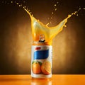 Orange beverage can with orange label and dynamic liquid splash Royalty Free Stock Photo