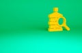 Orange Big bottle with clean water and magnifying glass icon isolated on green background. Plastic container for the Royalty Free Stock Photo