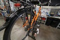 Orange bike in the mechanical workshop for repair