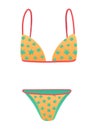 Orange bikini with green stars and red straps. Summer swimwear fashion design. Beach clothing vector illustration