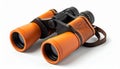 Orange binoculars with textured leather accents and brown strap on white background optics Royalty Free Stock Photo