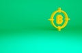 Orange Bitcoin in the target icon isolated on green background. Investment target icon. Minimalism concept. 3d