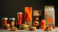 Orange and Black Branded Food Packaging with Burgers and Drinks Royalty Free Stock Photo