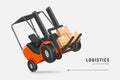 Orange-black forklift is lifting brown parcels boxes stacked on top of each other and it\'s all about to go up in air