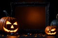 orange and black halloween decorations with jack-o-lanterns and copy space in blank frame picture mock up Royalty Free Stock Photo