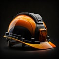 An orange and black hard hat on black background. Generative AI Royalty Free Stock Photo