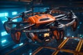 Orange and black high tech drone flying. AI Generated