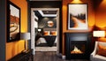 Orange and black themed modern hotel suite with fireplace. Interior design illustration. Generative AI.