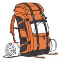 An orange and black tourist backpack with adjustable straps and multiple compartments stands isolate Royalty Free Stock Photo