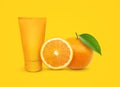 Orange blank cosmetic bottle, tube of cream, lotion for body, face or hand, orange fruit. Concept cosmetics with vitamin C,