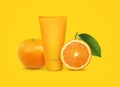 Orange blank cosmetic bottle, tube of cream, lotion for body, face or hand, orange fruit. Concept cosmetics with vitamin C,