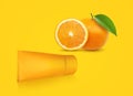 Orange blank cosmetic bottle, tube of cream, lotion for body, face or hand, orange fruit. Concept cosmetics with vitamin C,