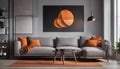 Orange blanket on grey sofa in modern apartment interior with poster and wooden table Royalty Free Stock Photo