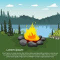 Orange blazing campfire by beautiful lake in evening with copyspace for text Royalty Free Stock Photo