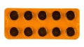 Orange blister pack with pills on white background