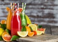 Orange, blood orange juice and lemonade background Royalty Free Stock Photo