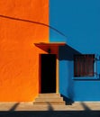 an orange and blue building with a door and a Royalty Free Stock Photo