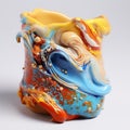 Colorful Mug With Futuristic Waves And Baroque-inspired Sculptures