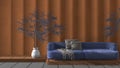 Orange and blue concrete molded plaster wall in modern luxury living room with sofa and potted tree. Cozy background with copy