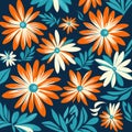 An orange and blue floral design, free brushstroke style, scrapbook aesthetics, green and cyan hues. Generative AI