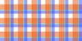 Orange blue fustian clothes fabric surface pattern. Checkered material backdrop. Woolen cotton wear textile background. Seamless