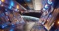 Orange and blue futuristic spaceship interior with window view on planet Earth 3d rendering Royalty Free Stock Photo