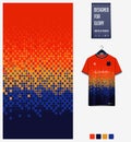 Orange blue geometry shape abstract background. Fabric pattern design for soccer jersey, football kit, sport uniform. T-shirt