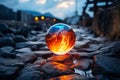 an orange and blue glass ball sitting on the ground Royalty Free Stock Photo