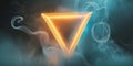 Orange and Blue Glowing Triangle in Smoky Dark Background. Royalty Free Stock Photo