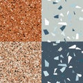 Orange and blue, grey terrazzo set seamless pattern in modern style on grey background. Flooring venetian wall