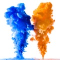 Orange and blue ink splashes in the water, isolated Royalty Free Stock Photo