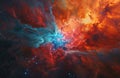 orange and blue nebula with a red star and red star